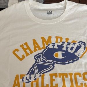 Champion Athletics White Tee with Blue and Yellow Logo